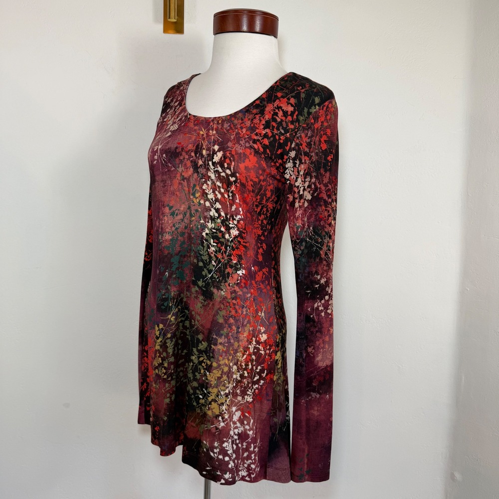 Peruvian Connection Floral Print Tunic Dress Burgundy Small Boho Art To Wear - Picture 5 of 13
